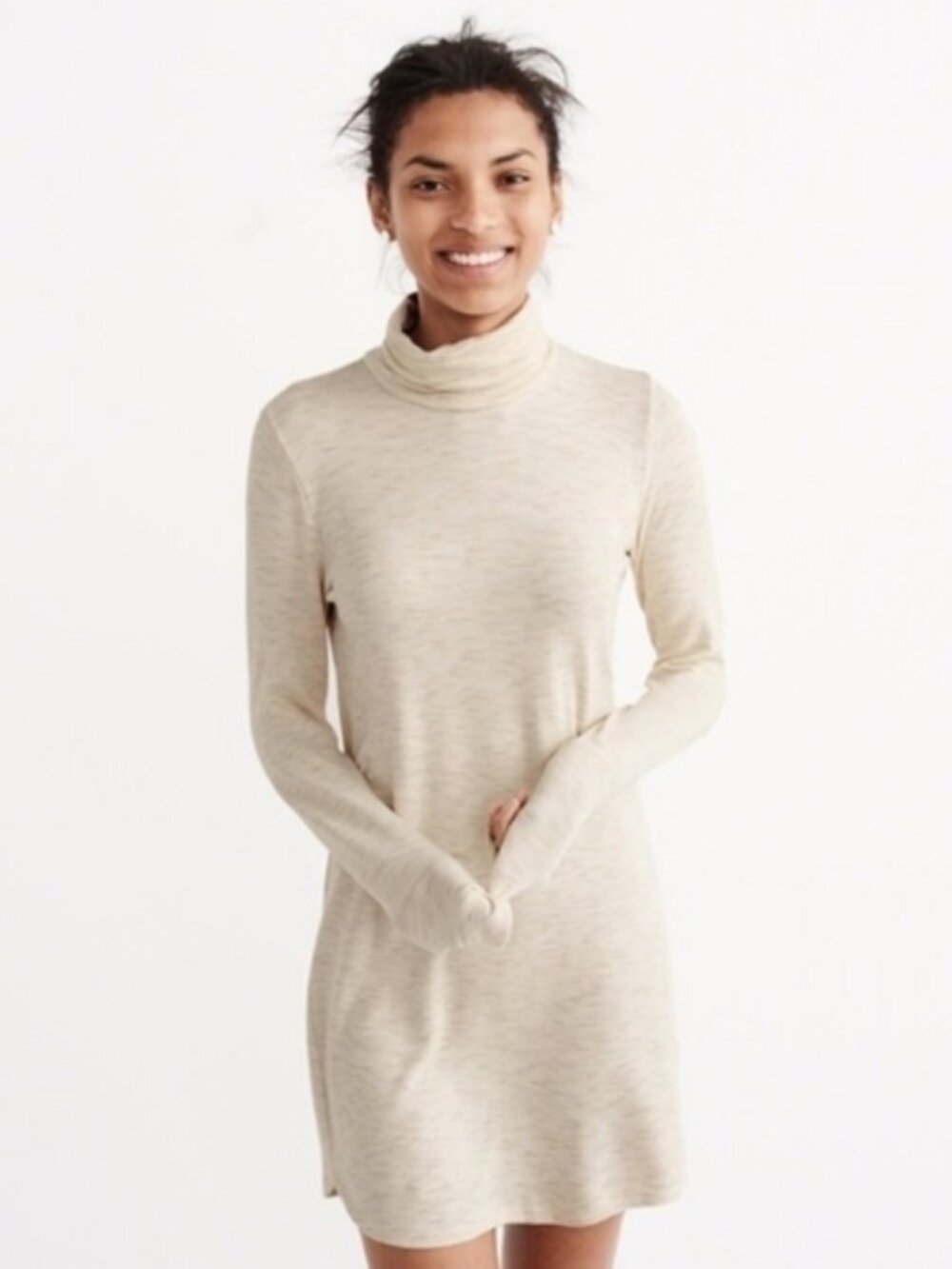 Abercrombie & Fitch Turtle Neck Mini Dress Long Sleeve Pullover Heather Cream